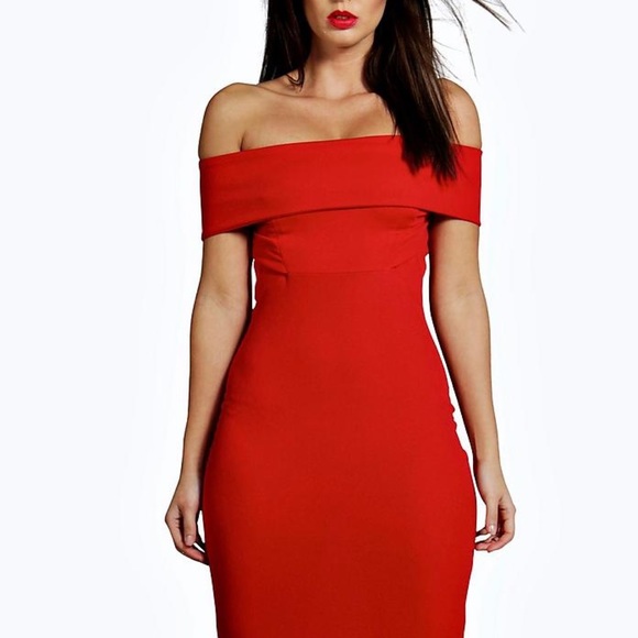boohoo red off the shoulder dress